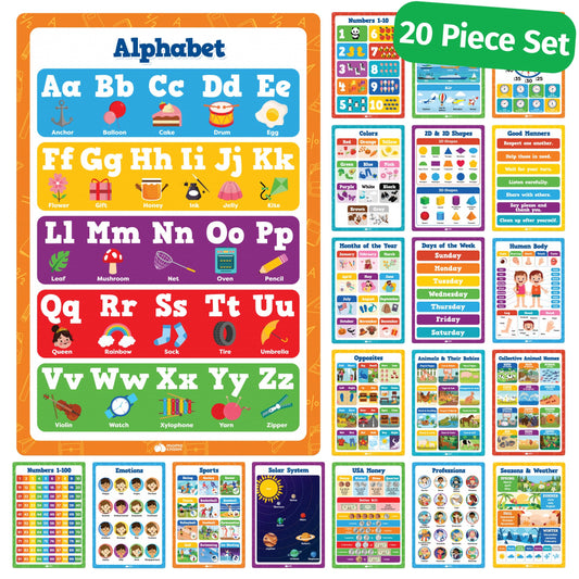 Classroom Educational Posters - 20pcs 16” x 11” - Teacher Classroom Must Haves Supplies Essentials - ABC Alphabet Poster School Supplies - Elementary Kindergarten Preschool Learning Activities