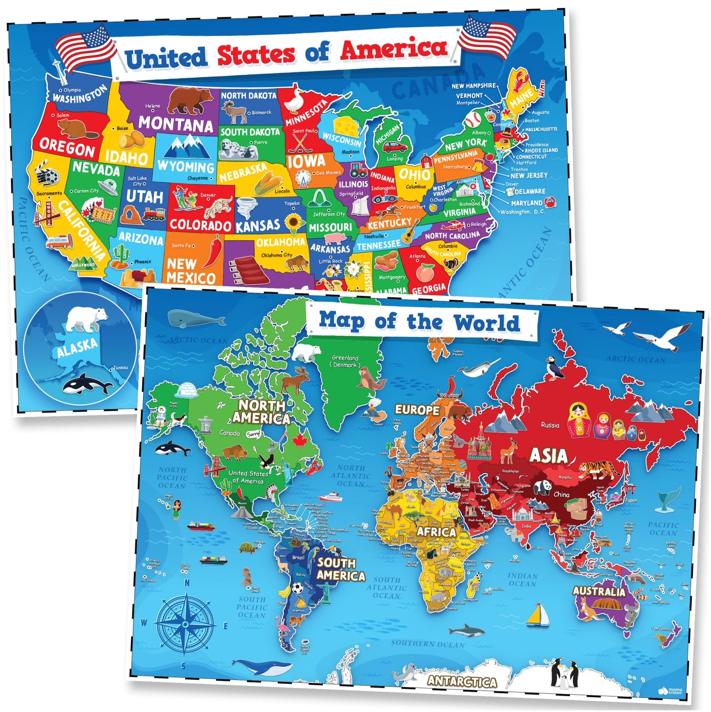 Momo & Nashi United States Map For Kids & World Maps For Kids 2pc Set - 24” x 16” Waterproof Classroom Posters - Childs World Map - Teacher Classroom Must Haves - Homeschool Teacher School Supplies