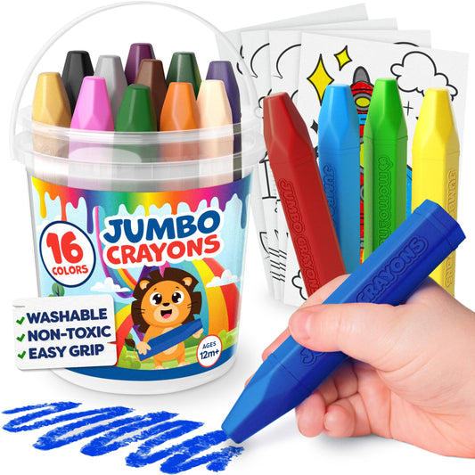Jumbo Crayons For Toddlers 1-3 - 16pc Toddler Crayons For Kids Ages 4-8 1-3 2-4 - With Printed & PDF Crayon Color Sheets - Non Toxic, Washable, Large & Easy To Grip - Toddler Coloring Art Supplies
