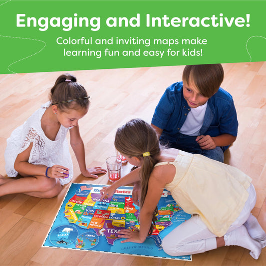 Momo & Nashi United States Map For Kids & World Maps For Kids 2pc Set - 24” x 16” Waterproof Classroom Posters - Childs World Map - Teacher Classroom Must Haves - Homeschool Teacher School Supplies