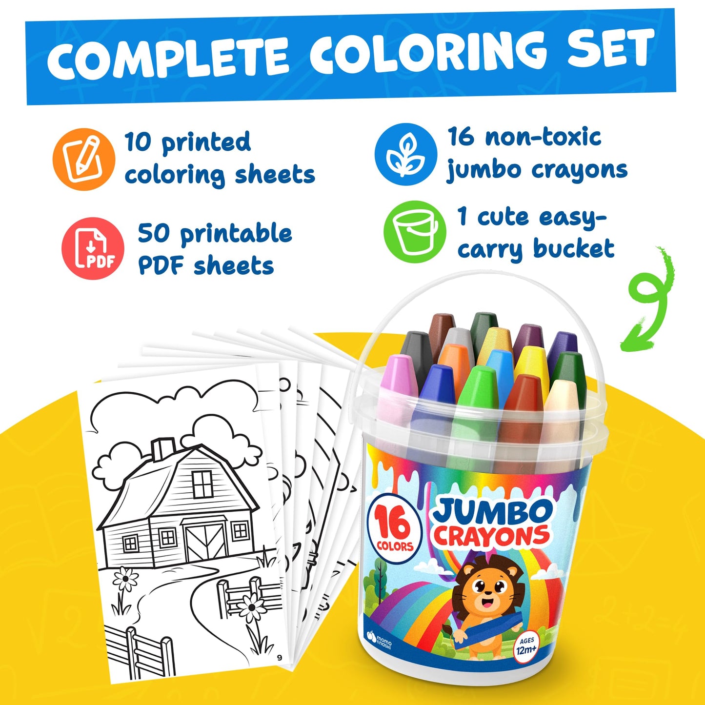 Jumbo Crayons For Toddlers 1-3 - 16pc Toddler Crayons For Kids Ages 4-8 1-3 2-4 - With Printed & PDF Crayon Color Sheets - Non Toxic, Washable, Large & Easy To Grip - Toddler Coloring Art Supplies