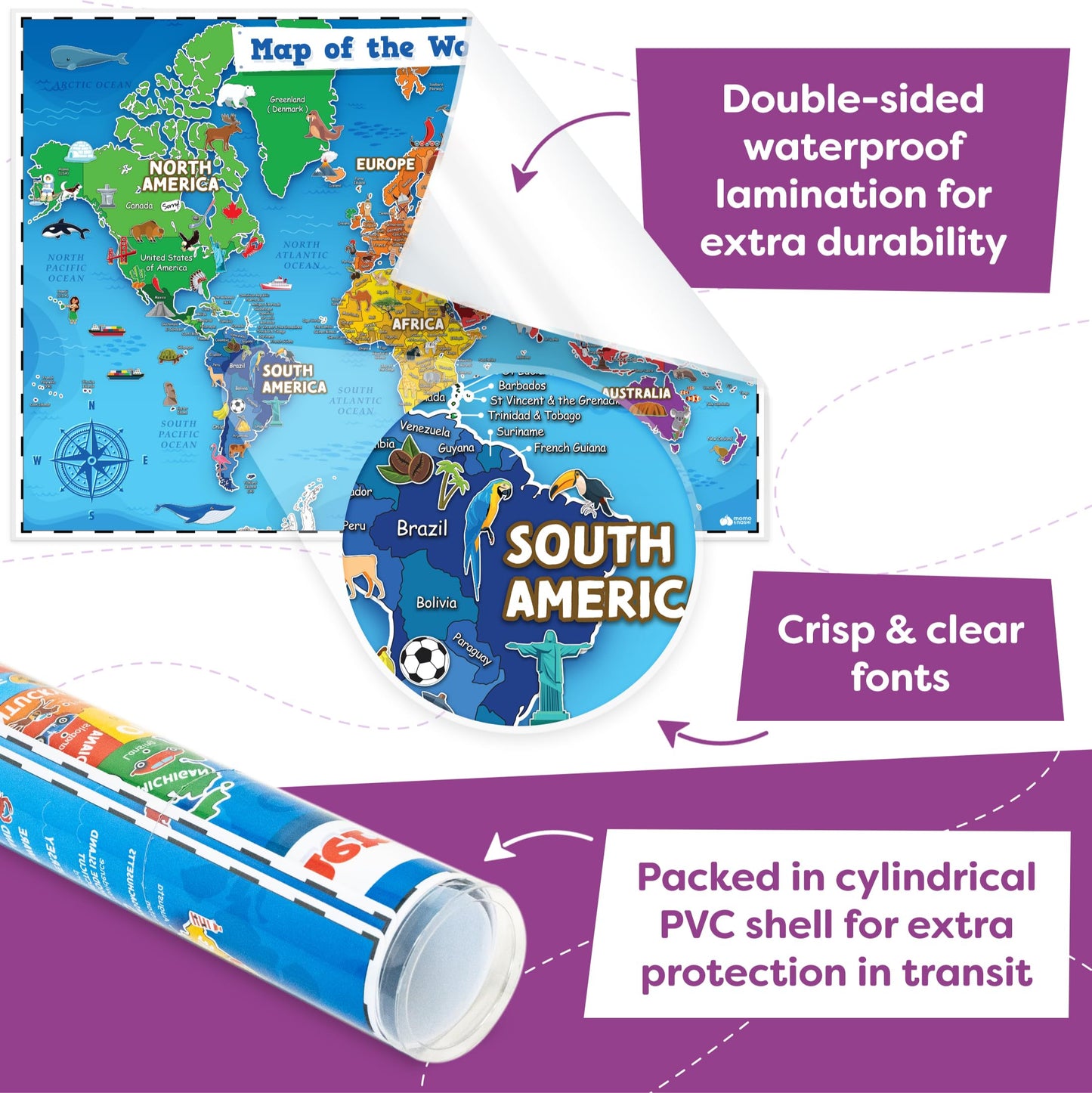 Momo & Nashi United States Map For Kids & World Maps For Kids 2pc Set - 24” x 16” Waterproof Classroom Posters - Childs World Map - Teacher Classroom Must Haves - Homeschool Teacher School Supplies