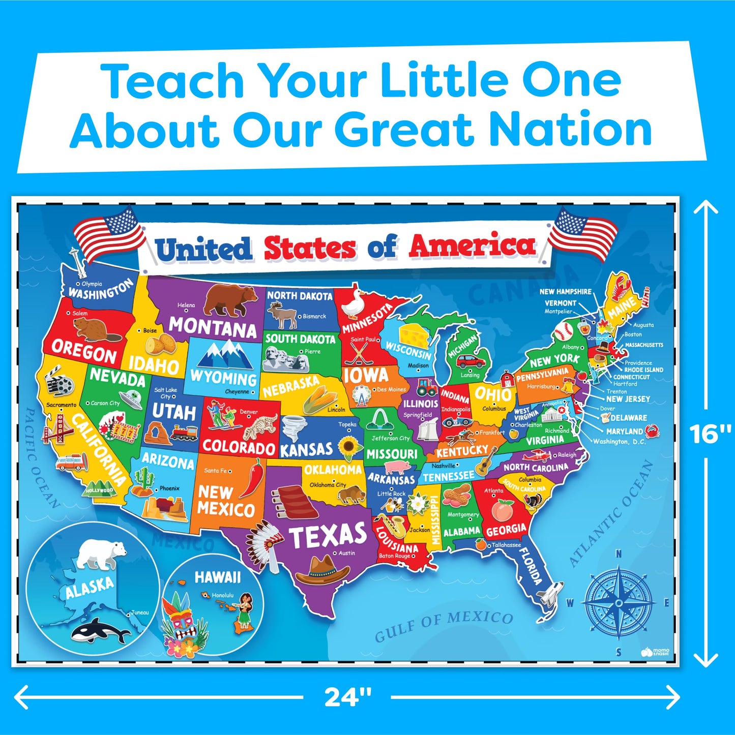 Momo & Nashi United States Map For Kids & World Maps For Kids 2pc Set - 24” x 16” Waterproof Classroom Posters - Childs World Map - Teacher Classroom Must Haves - Homeschool Teacher School Supplies