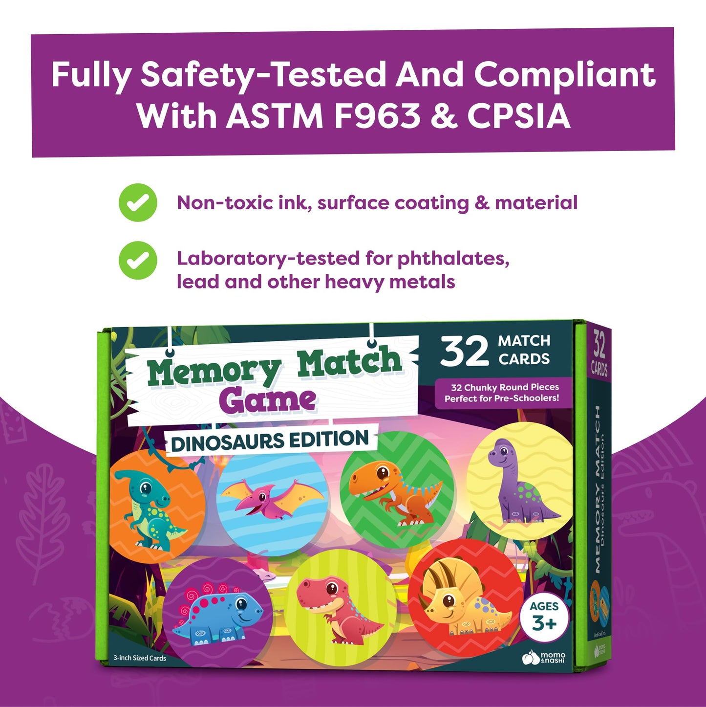 Momo & Nashi Dinosaur Toys for Kids 3-5 Matching Game - 32pc Dinosaur Games for Kids Memory Game - Kindergarten Preschool Educational Toys - Gifts for 3 Year Old Boys & Girls